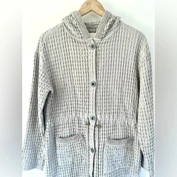 Monodoc LA Gray Hooded Waffle Knit Button Front Long Cardigan Jacket Size Medium - Picture 3 of 16